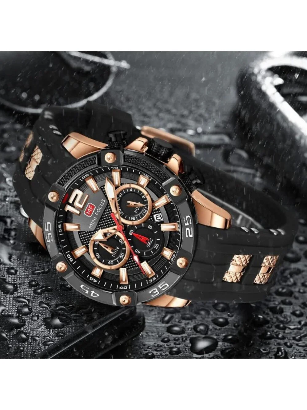 Men's Rose Gold Black Analog Quartz Waterproof Chronograph Stylish Casual Watch